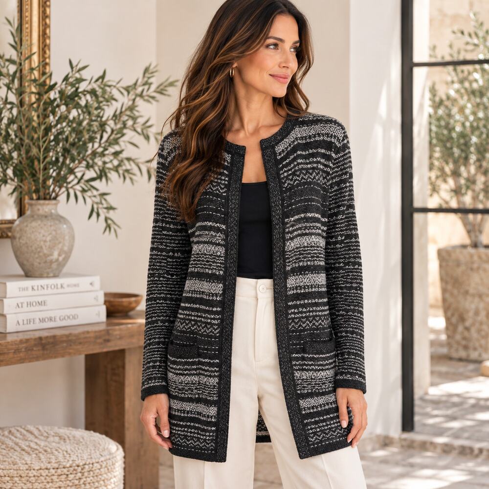 Talbots Cardigan Womens M Black Gray Longline Open Front Knit Sweater Jacket